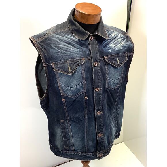 Mens Akoo Denim Vest 3XL Sleeveless Distressed Bleach Wash Streetwear Biker - Picture 3 of 7